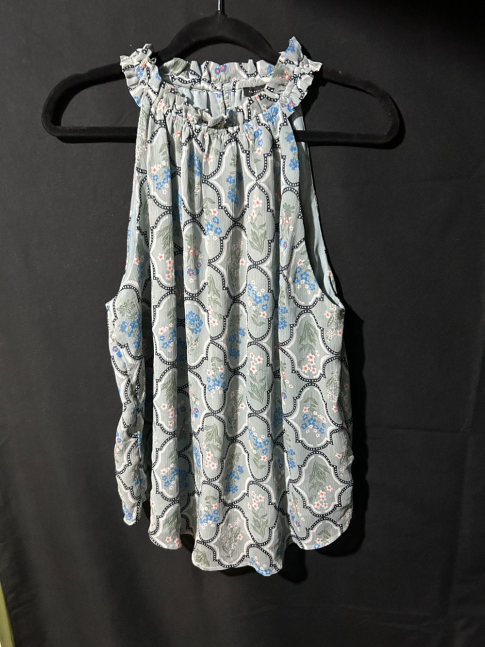 Whimsigoth Boho Flowy Floral High Neck Blue Top